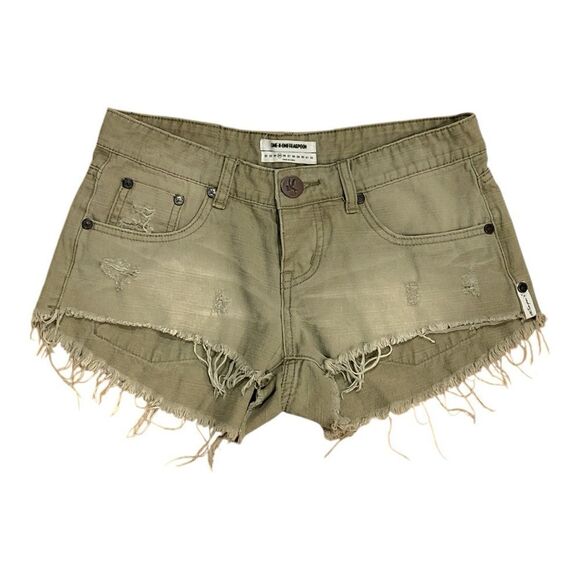 One Teaspoon Khaki Twisted Cuff Button Fly Denim Shorts Size 25 - Picture 2 of 6
